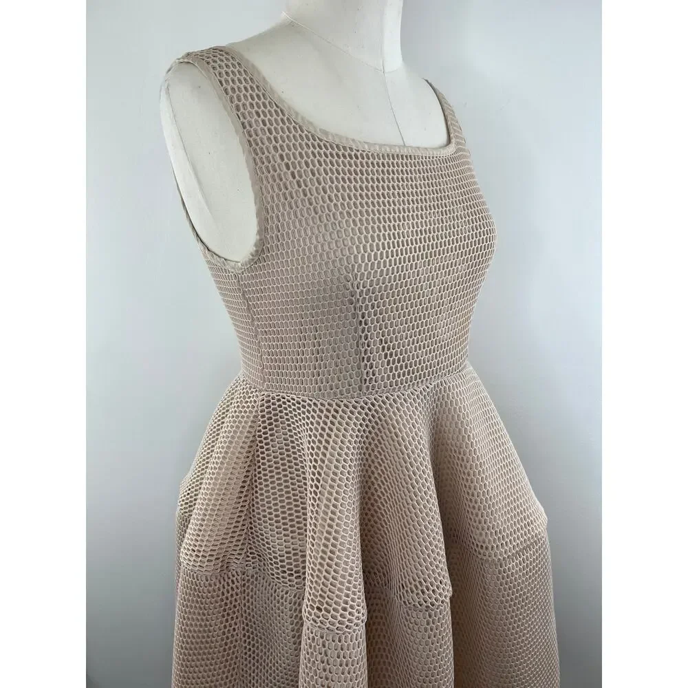 GRACIA Blush Neutral Beige Honeycomb Mesh Fit & Flare Mini Dress M Medium